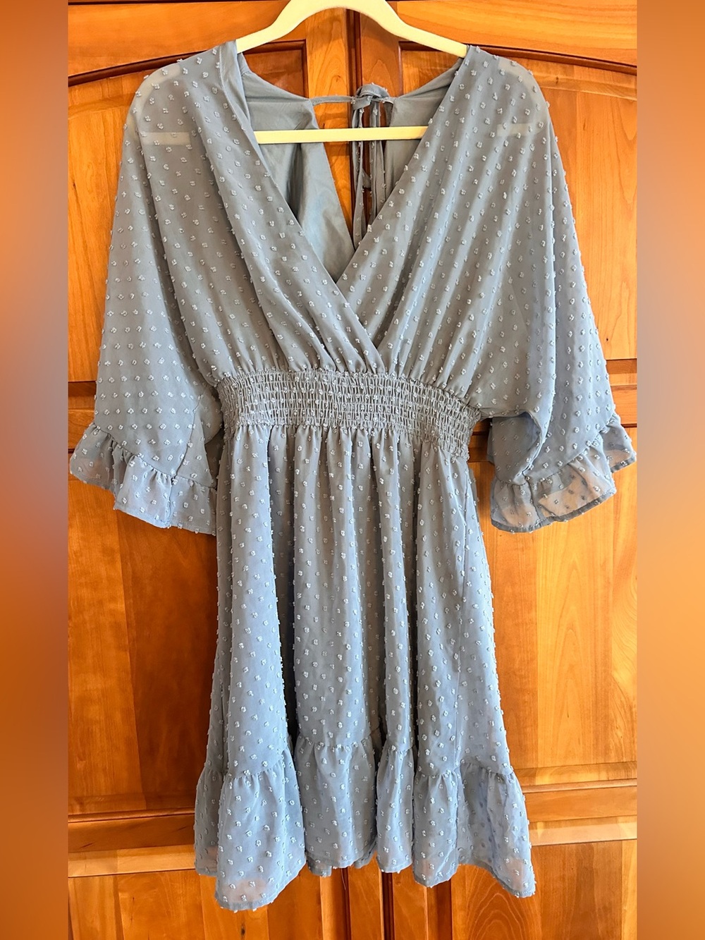 Nash Grey brand Dusty Blue Textured Swiss Dot Smocked-Waist Women's Dress
